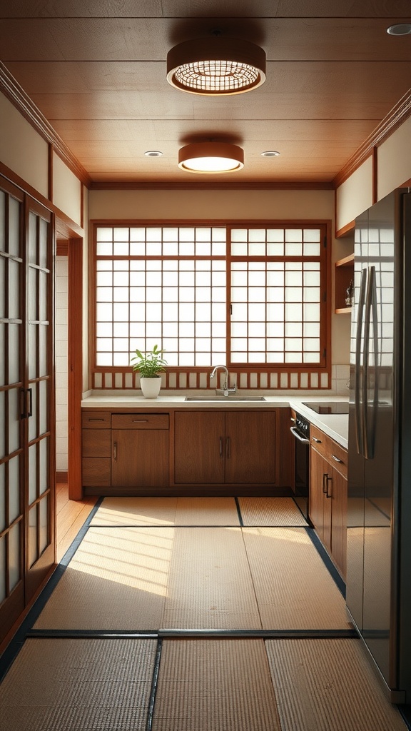 A minimalist Japandi kitchen featuring wood cabinets, tatami mat flooring, and a shoji-style window.
