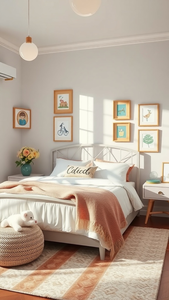 A cozy bedroom featuring framed children's art on the walls, a bed with soft bedding, and a teddy bear on a pouf.