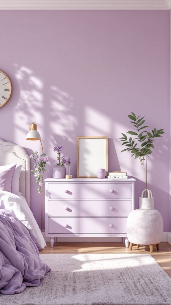 A lavender themed bedroom showcasing lavender walls, bedding, and furniture.