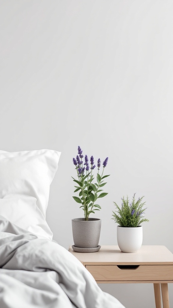 A cozy bedroom featuring a bed with soft linens and a wooden side table holding two potted lavender plants.