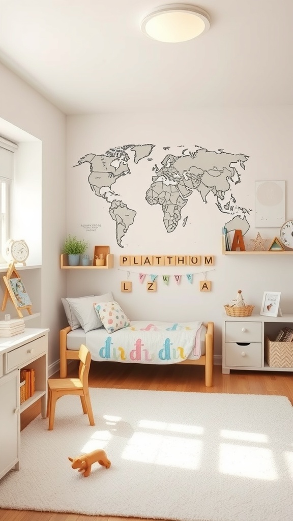 A bright kindergarten bedroom featuring a world map on the wall, a cozy bed, a small desk, and playful decor.
