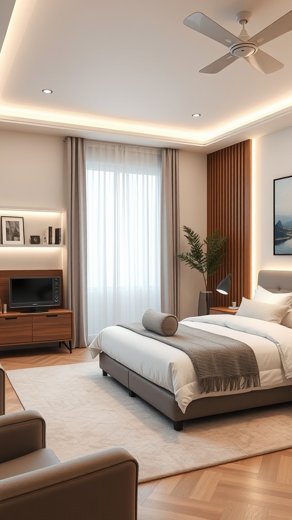 A modern living room featuring LED strip lighting along the ceiling, with a cozy bed and stylish decor.