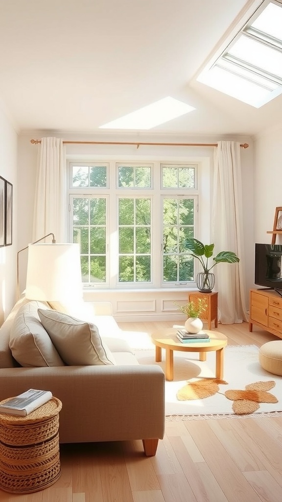 A bright and cozy small family room with a light beige sofa, large windows, and natural decorations