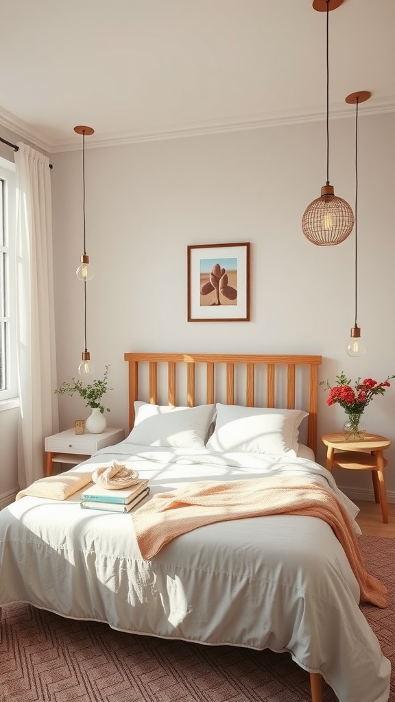 Stylish summer bedroom featuring pendant lights, a wooden bed frame, and a cozy blanket.