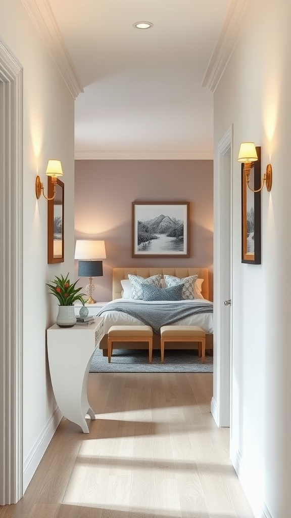 A narrow entryway with wall sconces and a view of a cozy bedroom.