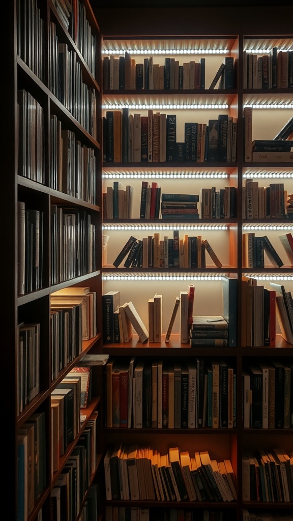 A well-organized bookshelf with LED lighting highlighting the books.