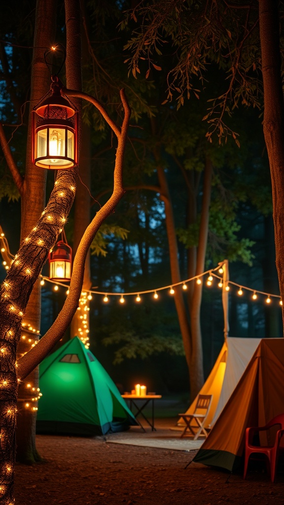 A beautifully lit tent camping setup featuring string lights, a lantern, and cozy seating.