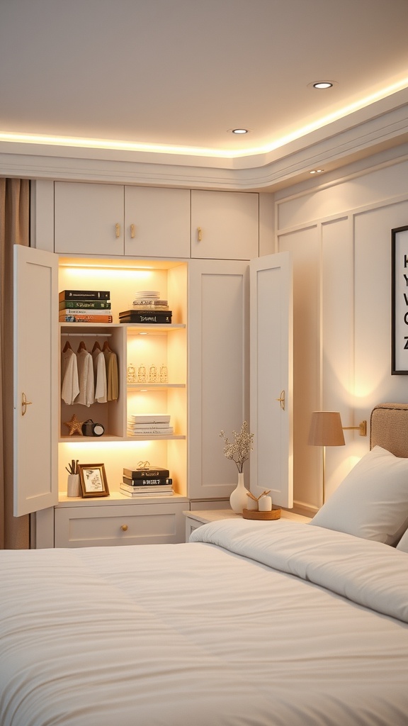 A well-lit bedroom cupboard with open doors showcasing books and decorative items.