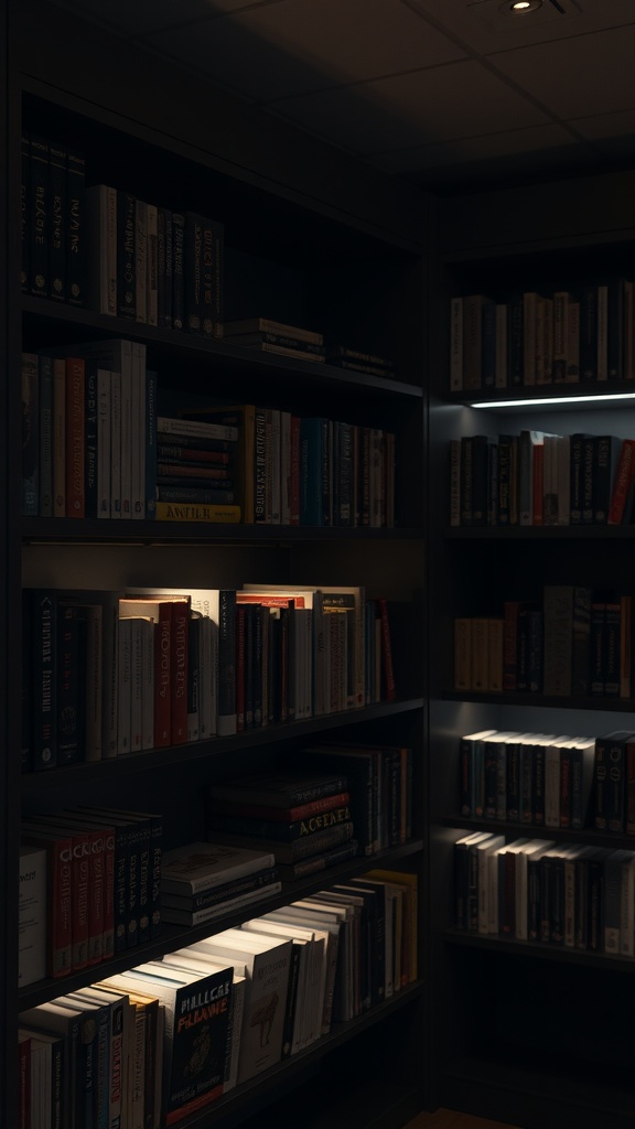 A dark bookshelf with built-in lighting showcasing books, creating a cozy atmosphere.