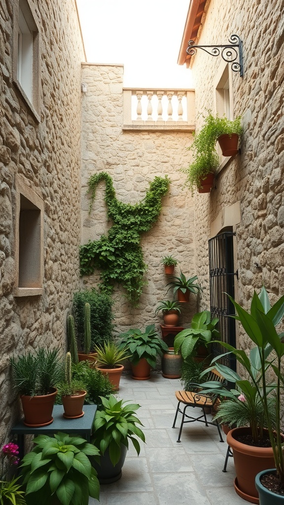 A Mediterranean courtyard garden featuring local stone walls and vibrant greenery in pots.