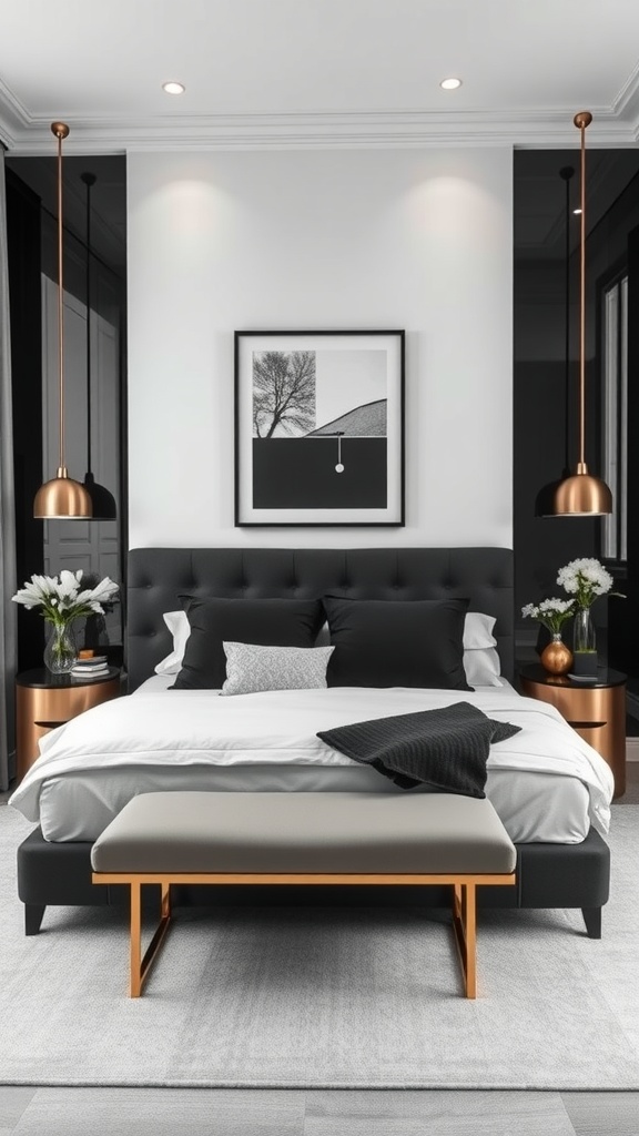 A monochrome bedroom featuring a black and white color scheme with copper metallic accents.