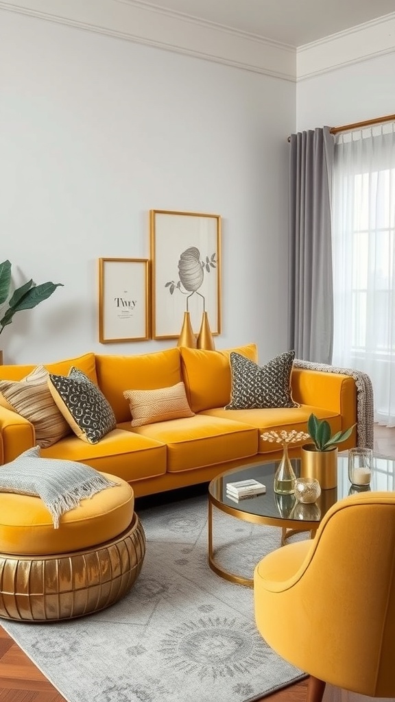 A bright yellow couch in a stylish living room with metallic accents, including a gold coffee table and decorative vases.