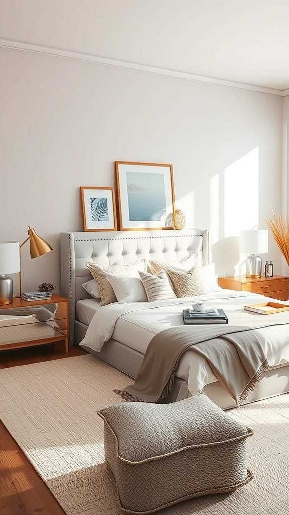 A neutral bedroom featuring a bed with soft linens, a pouf, and metallic accents.