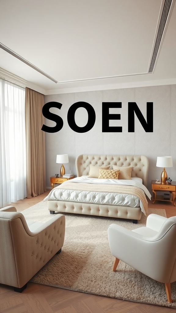 A chic white and beige bedroom with metallic accents, featuring a plush bed, stylish chairs, and elegant lighting.