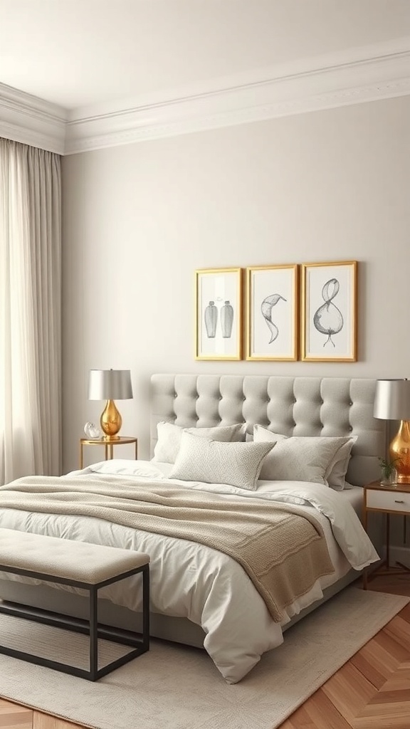 A stylish greige bedroom featuring metallic accents, including a gold lamp and framed artwork.