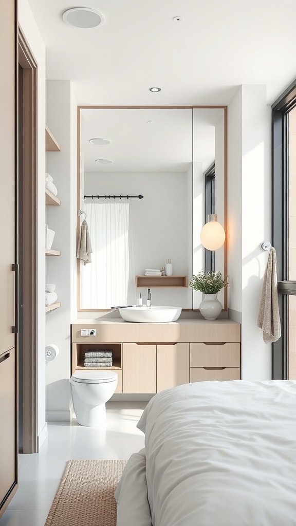 A modern small bathroom featuring a large mirror, light wood cabinetry, and natural light.