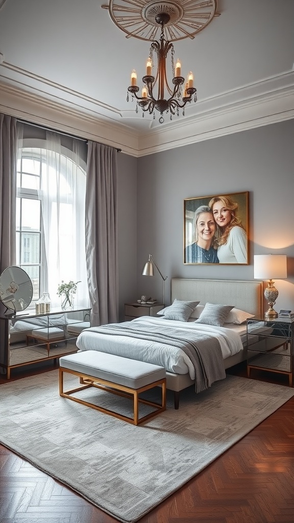 A stylish bedroom featuring mirrored furniture, a chandelier, and soft color tones.