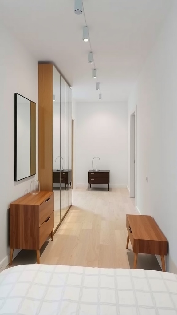 A narrow bedroom featuring a mirror, wooden furniture, and warm lighting.