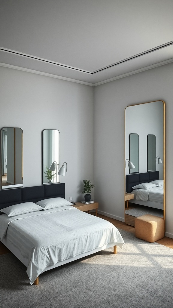 A well-designed L-shaped bedroom featuring mirrors that enhance depth and light.