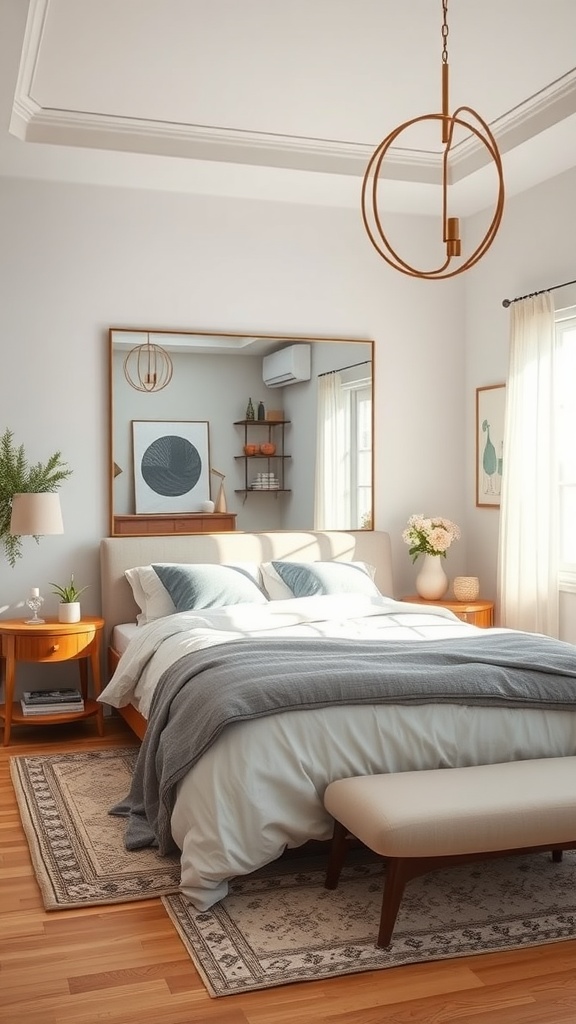 A cozy tiny bedroom featuring a large mirror above the bed, warm wooden furniture, and soft bedding.