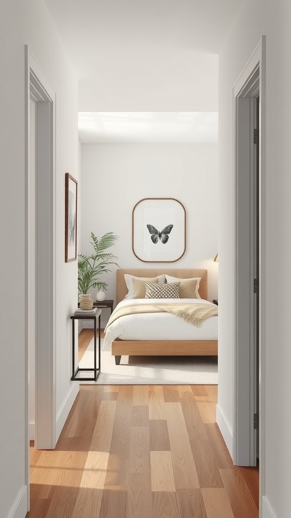 A narrow entryway leading to a cozy bedroom with light walls and wooden flooring.