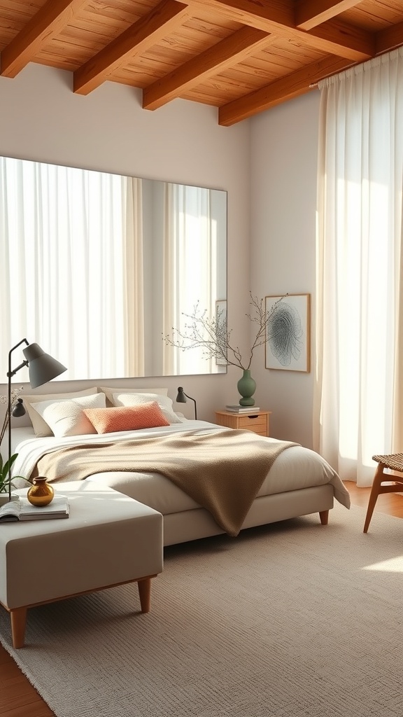 A cozy bedroom featuring a large mirror that reflects natural light, warm wood beams, and soft textiles.