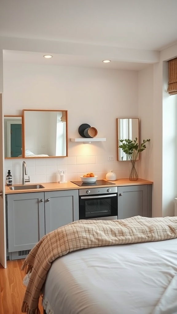 A small kitchen with mirrors reflecting light, creating a spacious feel.