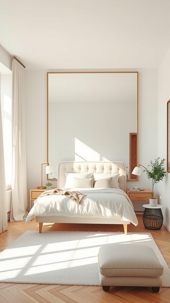 A small, stylish bedroom featuring a large mirror above the bed, bright natural light, and modern decor.