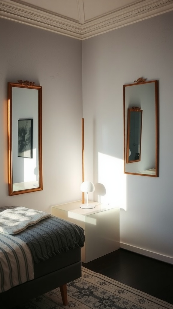 A classy bedroom with two mirrors reflecting light, warm wood frames, a cozy bed, and a minimalist lamp.