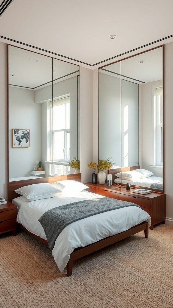 A small rectangular bedroom featuring large wall mirrors, wooden furniture, and a cozy ambiance.