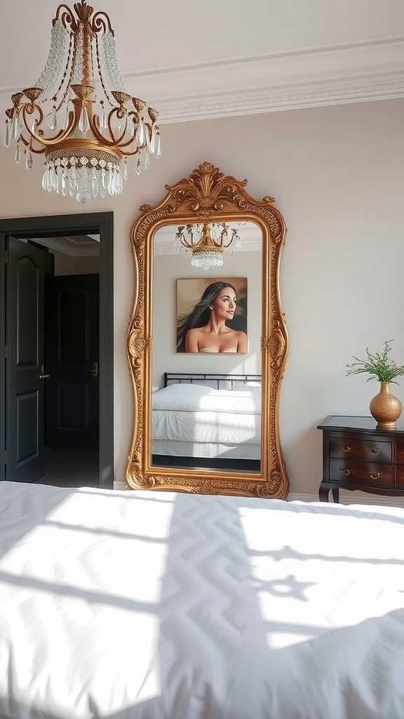 A chic bedroom with a large ornate mirror reflecting light and adding elegance, featuring a chandelier and a cozy bed.