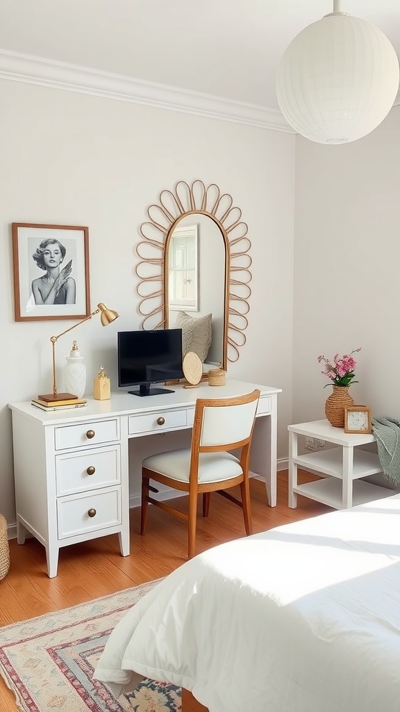 A stylish bedroom with a vanity and desk combo featuring a large sunburst mirror.