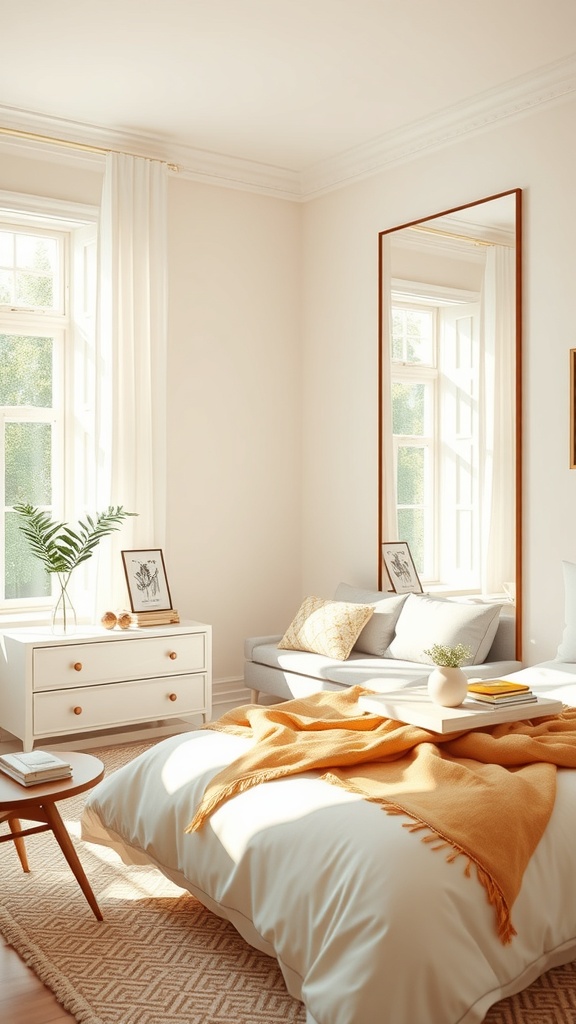 A cozy bedroom with a large mirror reflecting natural light, showcasing a warm and inviting atmosphere.