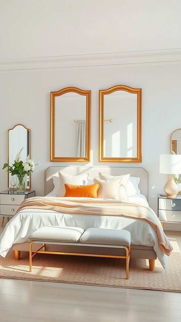 Bright bedroom with large mirrors and a cozy bed