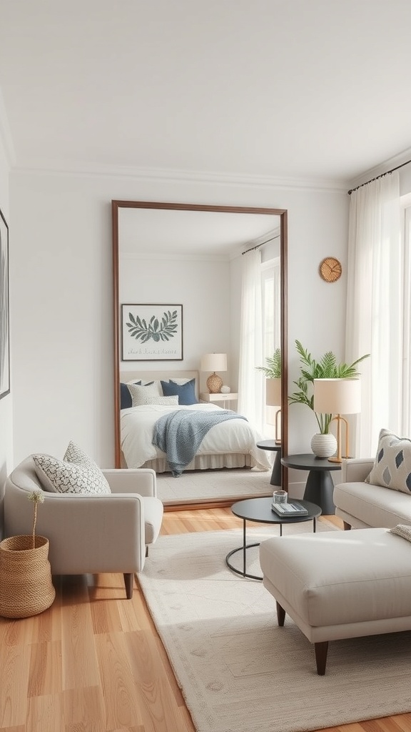A stylish tiny living room featuring a large mirror that enhances the space.