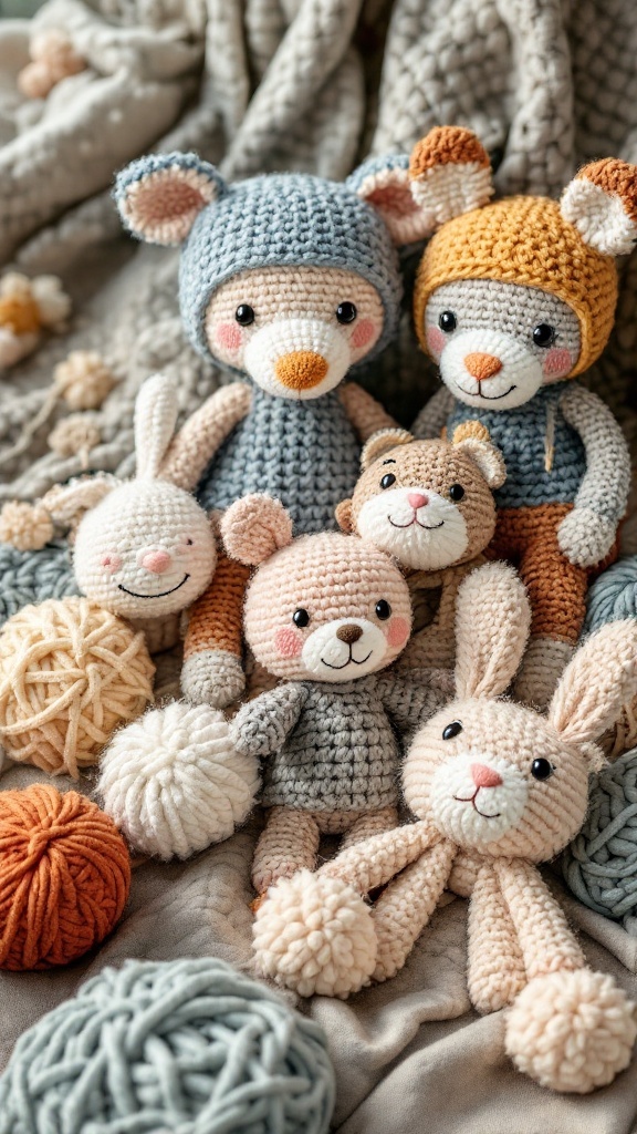 A collection of colorful crochet plushies including bunnies and bears, surrounded by yarn balls.