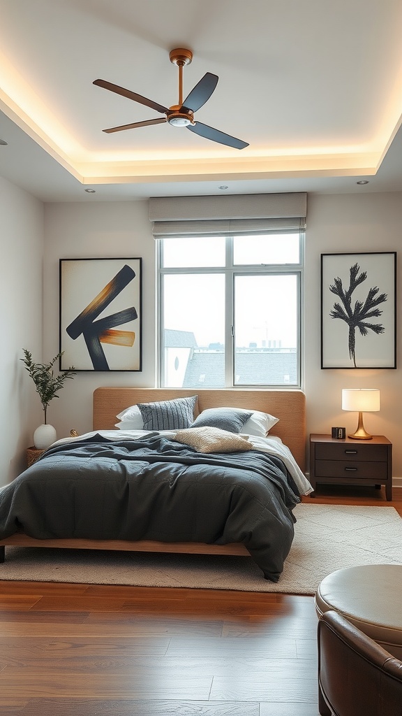 A modern bedroom featuring abstract art on the walls, a cozy bed with dark bedding, and warm lighting.