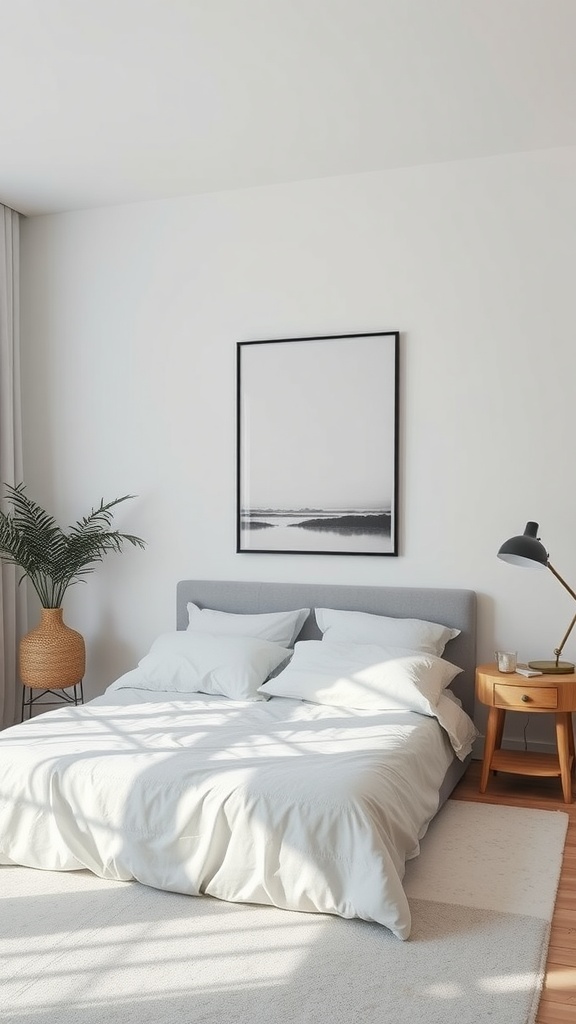 A neutral bedroom featuring a gray bed with white bedding, a large black and white artwork above the bed, a potted plant, and a wooden side table with a lamp.