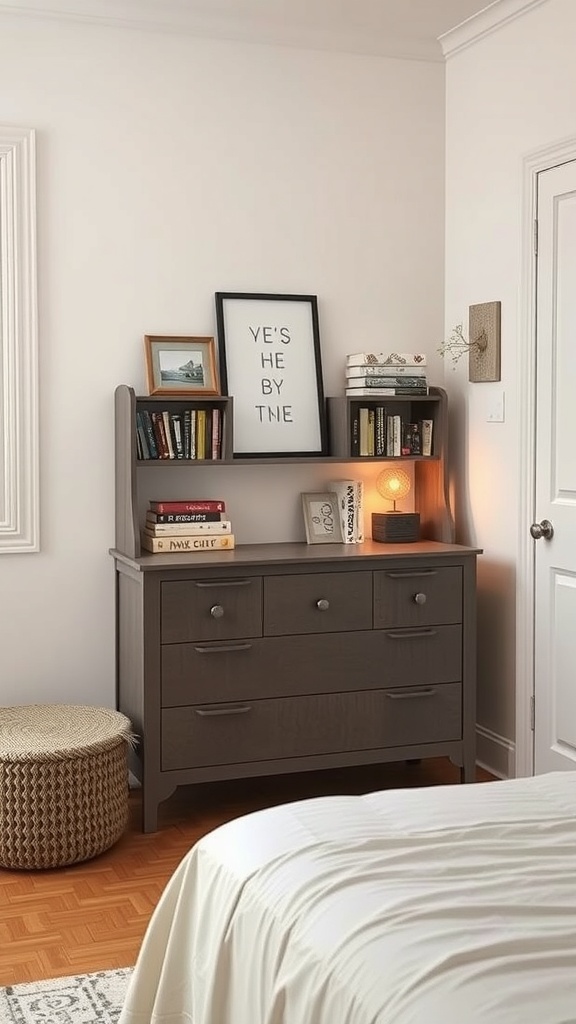 A small bedroom featuring a multi-functional dresser with books and decorative items on top.