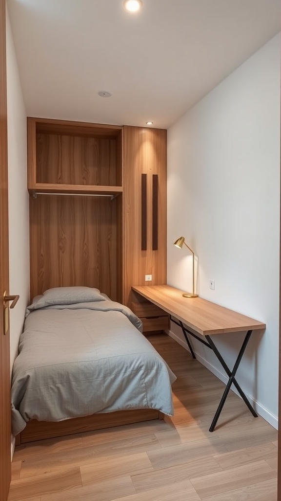 A long narrow bedroom featuring a compact bed and desk, showcasing multi-functional furniture.