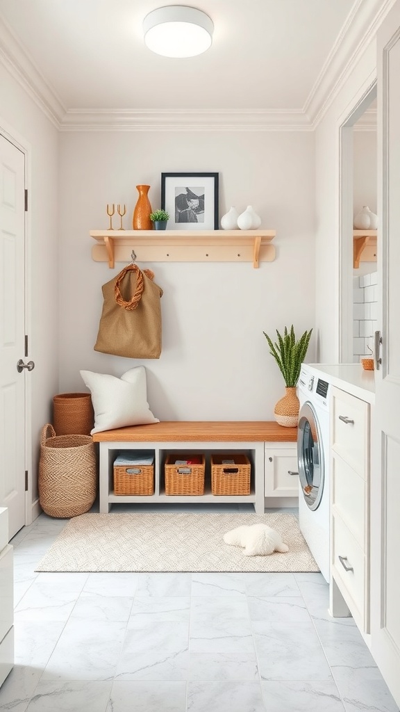 A small laundry room featuring a bench with storage, woven baskets, and a shelf with decorative items.