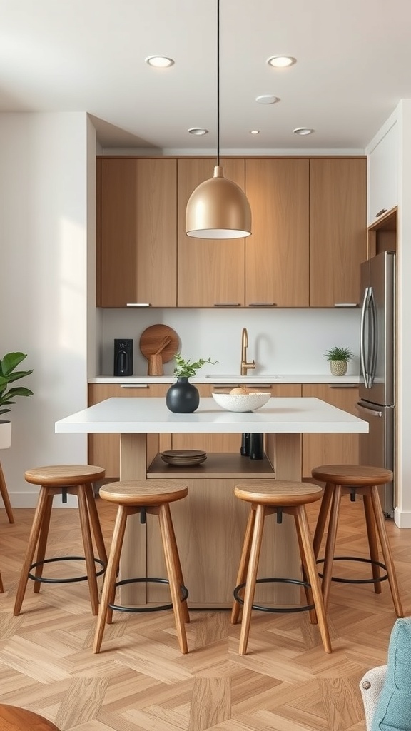 A modern apartment kitchen featuring a central island with bar stools, wooden cabinetry, and a pendant light.