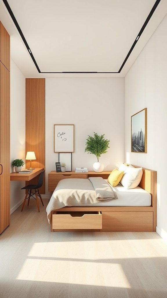 A long narrow bedroom featuring a bed with storage drawers, a small desk, and decorative elements.