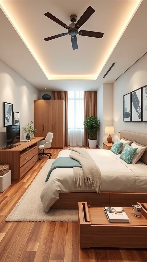 A long bedroom featuring multi-functional furniture, including a bed with storage, a desk, and a TV unit.