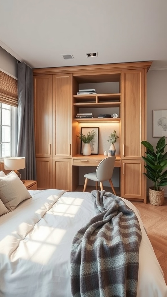 A small bedroom featuring a multi-functional wardrobe with a desk, a cozy bed with a blanket, and a plant in the corner.