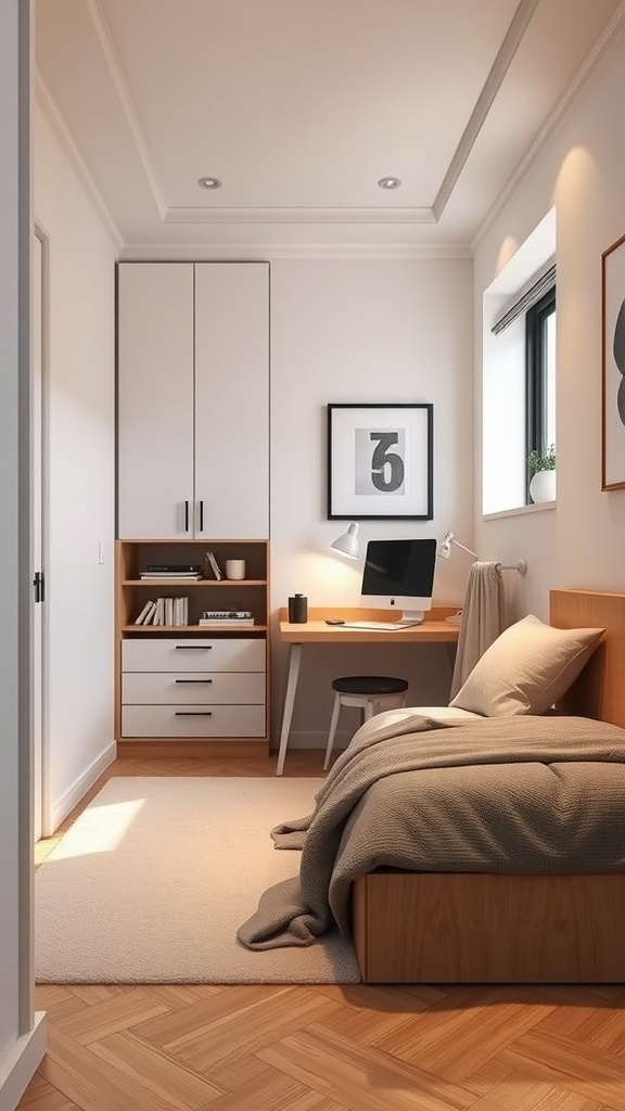 A small rectangular bedroom featuring a bed, desk, and storage solutions.