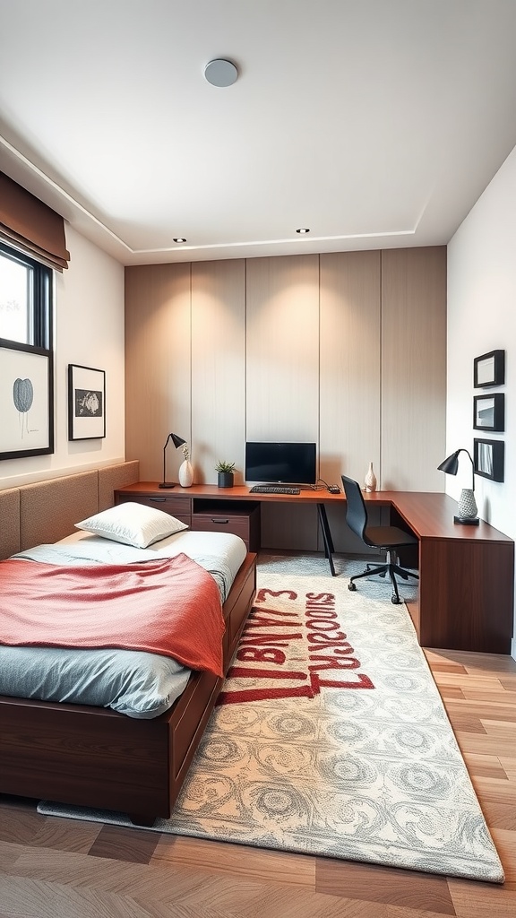 A modern long bedroom featuring multi-functional furniture including a bed with storage and a workspace.