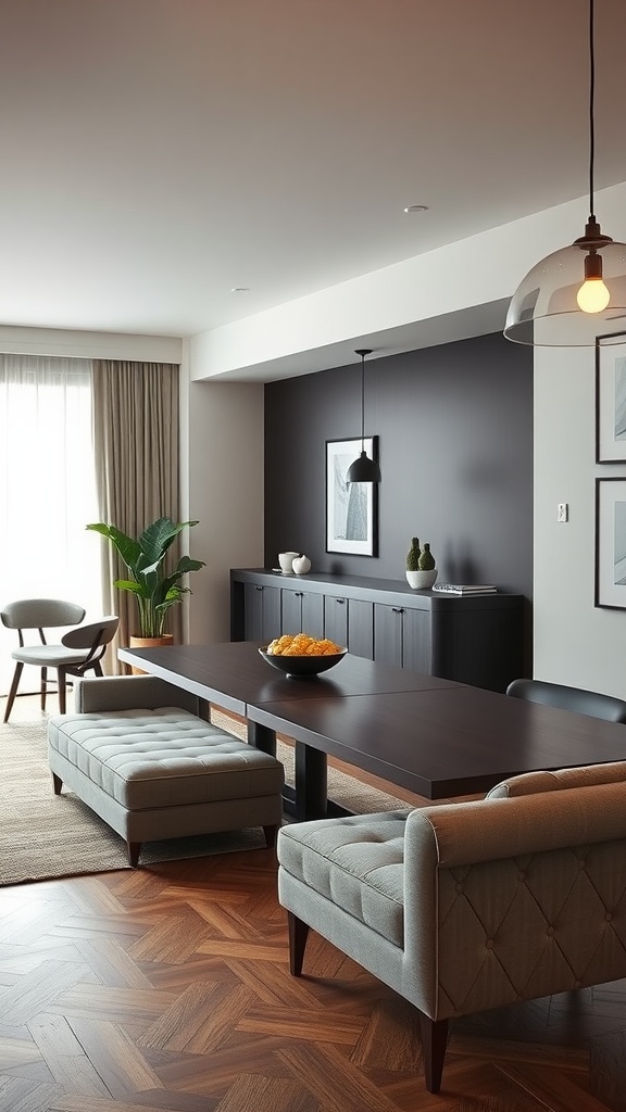 A modern dining room and living room combo featuring a large table, benches, and a stylish sideboard.