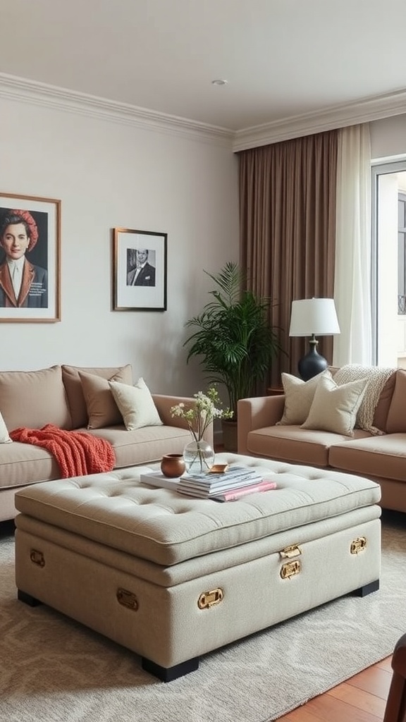A stylish long rectangle living room featuring multi-functional furniture including a storage ottoman, cozy sofas, and decorative elements.