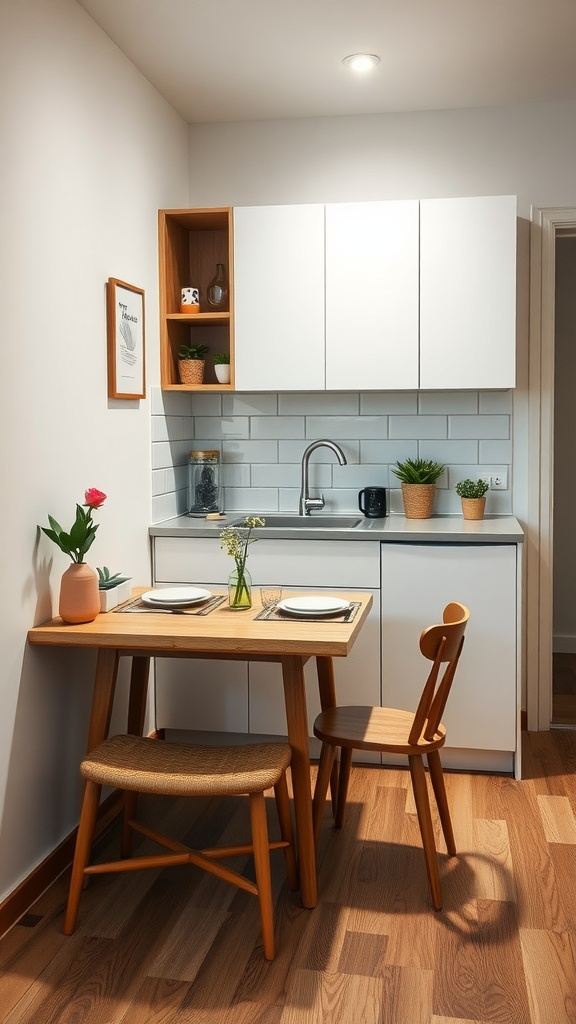 A modern small apartment kitchen featuring a wooden dining table with two chairs and plants.